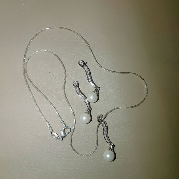 Necklace Earring Set 925 Sterling Silver 18 inch Faux Pearl Cubic Zirconia - Picture 4 of 13